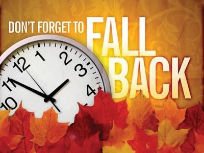 picture of clock and fall leaves saying fall back